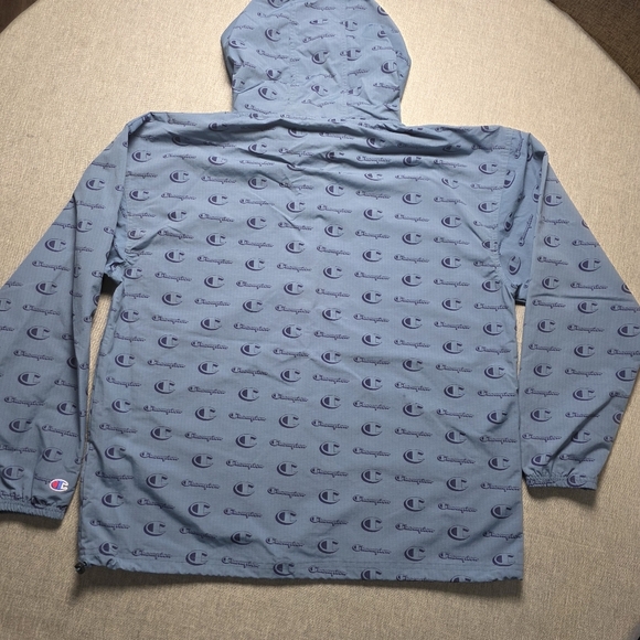 Champion All-Over Logo Print Blue Anorak Windbreaker Jacket Size Men's Large - Picture 2 of 11
